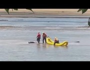 رجال إنقاذ يحاولون إنجاد رجل كان مسترخياً فوق النهر ظناً أنه جـثة