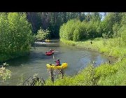 موظ يعبر مياه نهر أمام سياح يمارسون التجديف في ألاسكا الأمريكية