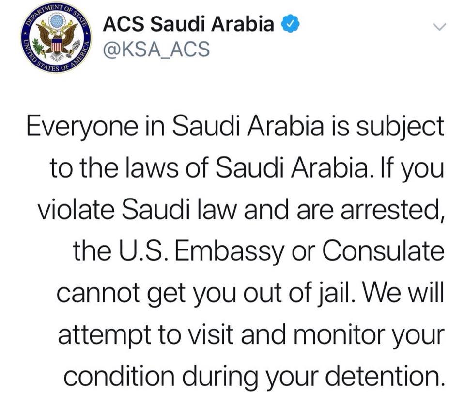 السفارة الأمريكية لرعاياها: إذا خالفتم قوانين المملكة ودخلتم السجن لن نستطيع إخراجكم
