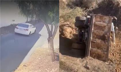 نجاة مواطن من الاصطدام بشاحنة محملة بالحجارة بطريق منحدر في عسير (فيديو)
