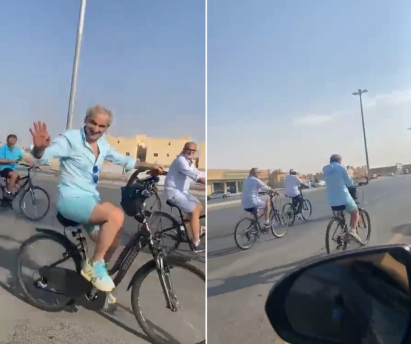 شاهد : أحدث ظهور للأمير الوليد بن طلال يقود دراجة ويلوح بيده مبتسما