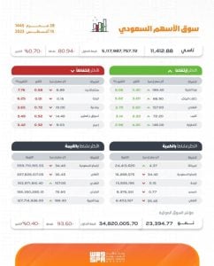 مؤشر سوق الأسهم السعودية يغلق منخفضًا عند مستوى 11412 نقطة