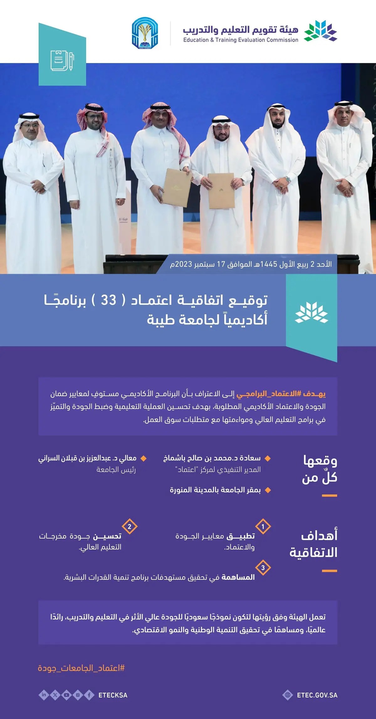 هيئة تقويم التعليم والتدريب توقع اتفاقية لاعتماد 33 برنامجًا أكاديمياً لجامعة طيبة