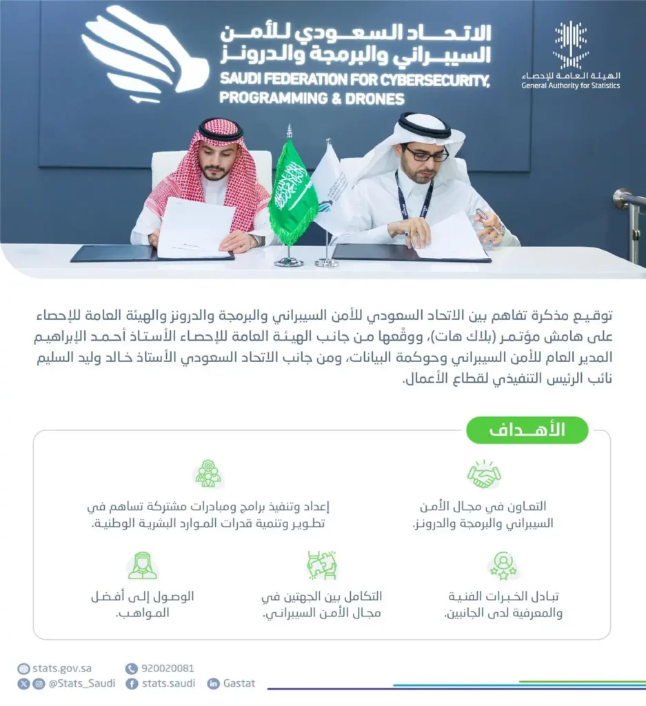 “هيئة الإحصاء” والاتحاد السعودي للأمن السيبراني يوقعان مذكرة تعاون بينهما