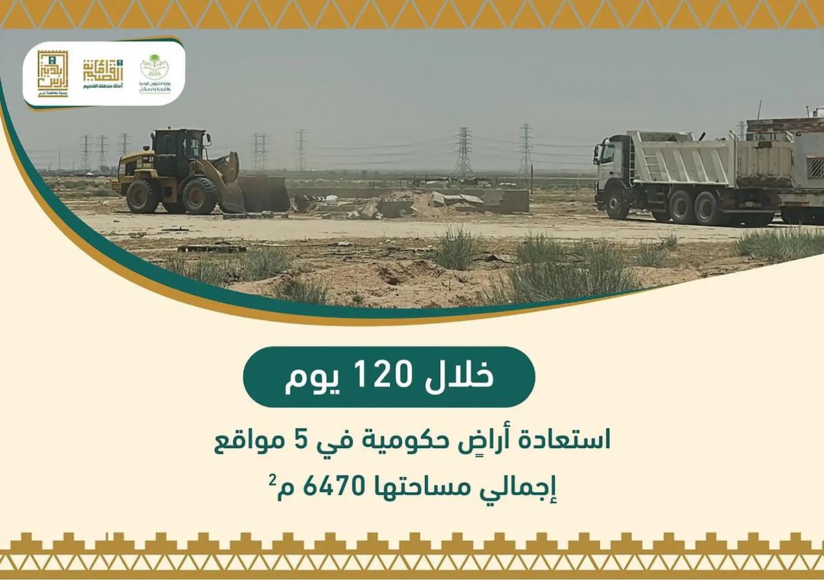 استعادة أراضي حكومية مساحتها 6.470 م2 بمحافظة الرس