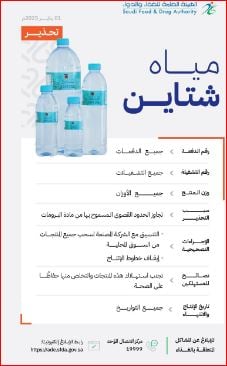 «الغذاء والدواء» تحذّر من مياه «شتاين» بجميع أحجامها وأرقام تشغيلاتها وتواريخ صلاحيتها