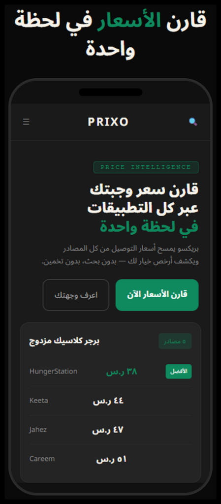 مقارنة أسعار المطاعم عبر تطبيقات التوصيل في واجهة منصة PRIXO