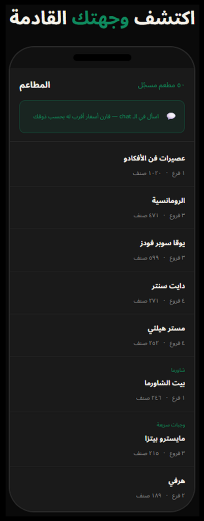 دليل مطاعم منظّم يغطي الأصناف والفروع والأسعار عبر تطبيقات التوصيل